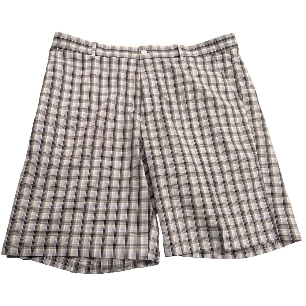 Greg Norman Tasso Elba Shorts Mens 42 Blue Gray Plaid Golf Stretch Pleated EUC